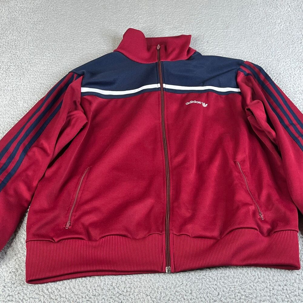 VINTAGE ADIDAS Track Suit Jacket Mens XL Red Blue Burgundy Full Zip Trefoil Logo